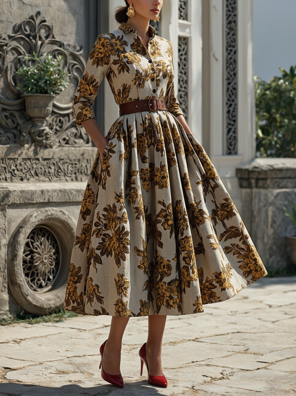 Midi Cotton Dress, Half Sleeve, Shawl Collar, Floral, Button Design, Vintage, Gray-brown - Gray-brown