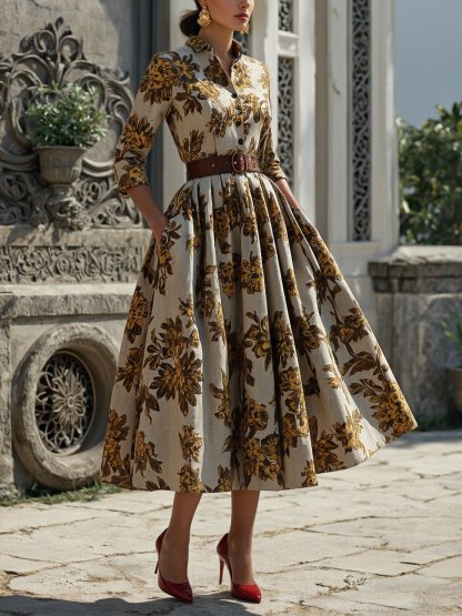 Midi Cotton Dress, Half Sleeve, Shawl Collar, Floral, Button Design, Vintage, Gray-brown - Gray-brown