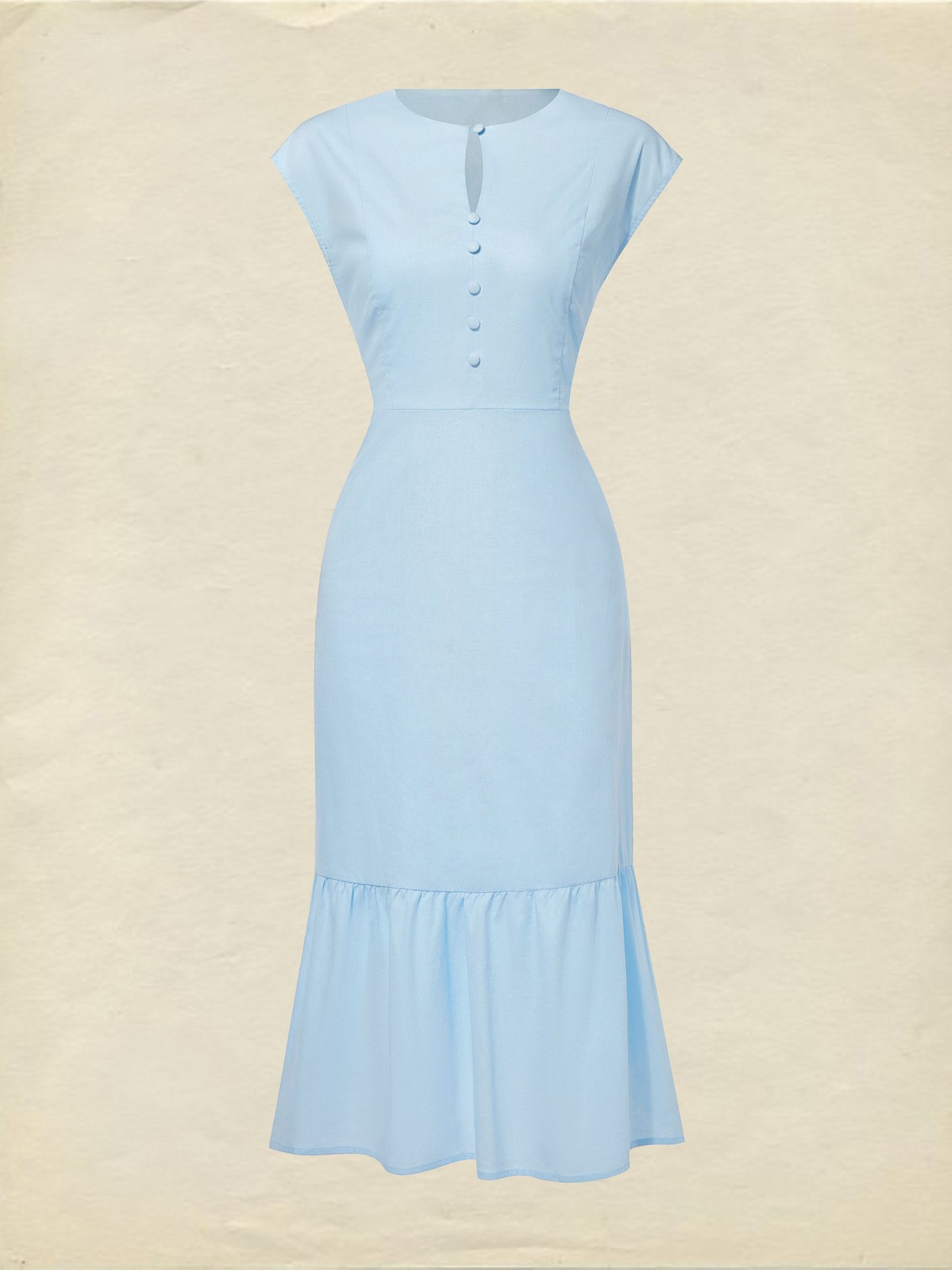 Midi Linen Dress, Crew Collar, Cap Sleeve,  Button Down, Cottagecore, Linen Blend, Blue - Blue