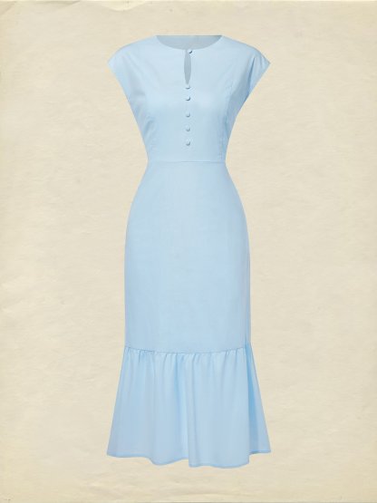 Midi Linen Dress, Crew Collar, Cap Sleeve,  Button Down, Cottagecore, Linen Blend, Blue - Blue