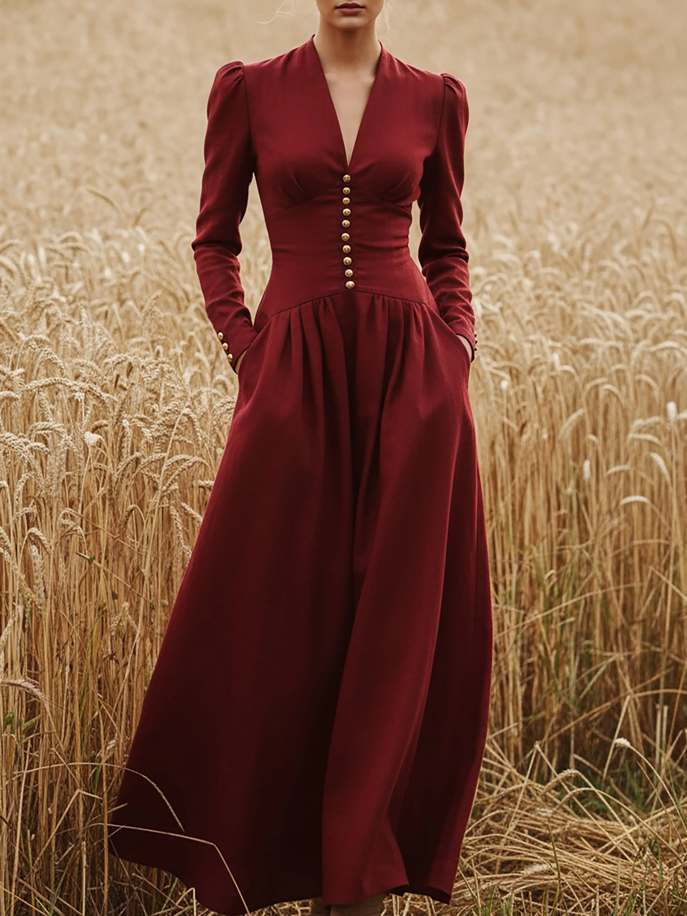 Maxi Linen Dress, Long Sleeves, V Neck, Plain, Button Design, Vintage, Deep Red - Deep Red