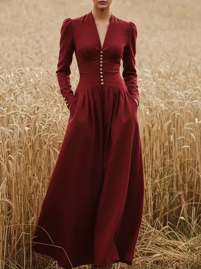 Maxi Linen Dress, Long Sleeves, V Neck, Plain, Button Design, Vintage, Deep Red - Deep Red
