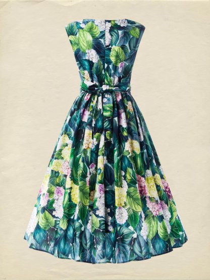 Midi Linen Dress, Sleeveless, Sweetheart Neckline, Floral, Vacation, Vintage, Blue - Blue