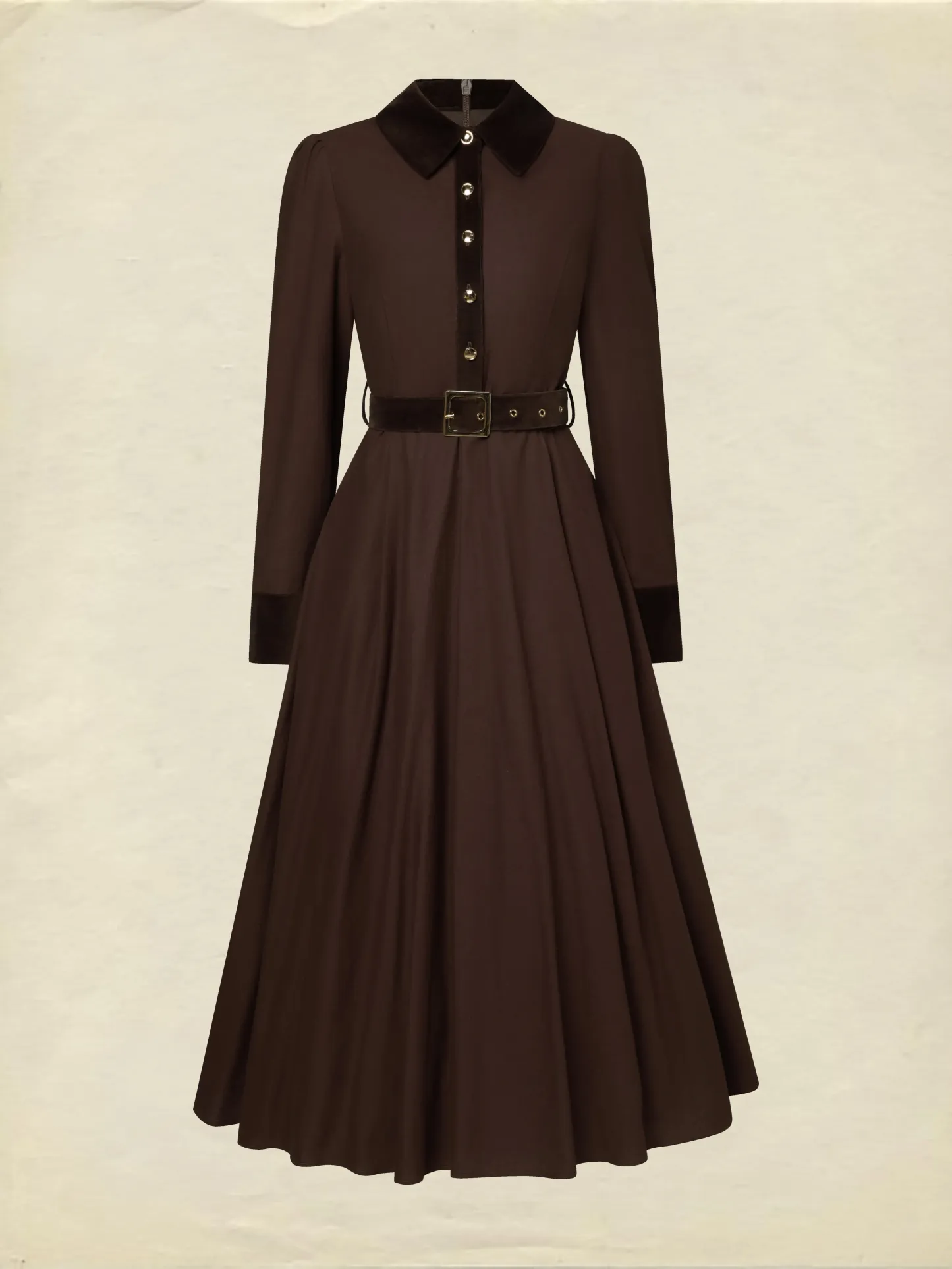 Midi Cotton Dress, Long Sleeves, Shawl Collar, Plain, Belt Design, Vintage, Coffee - Coffee