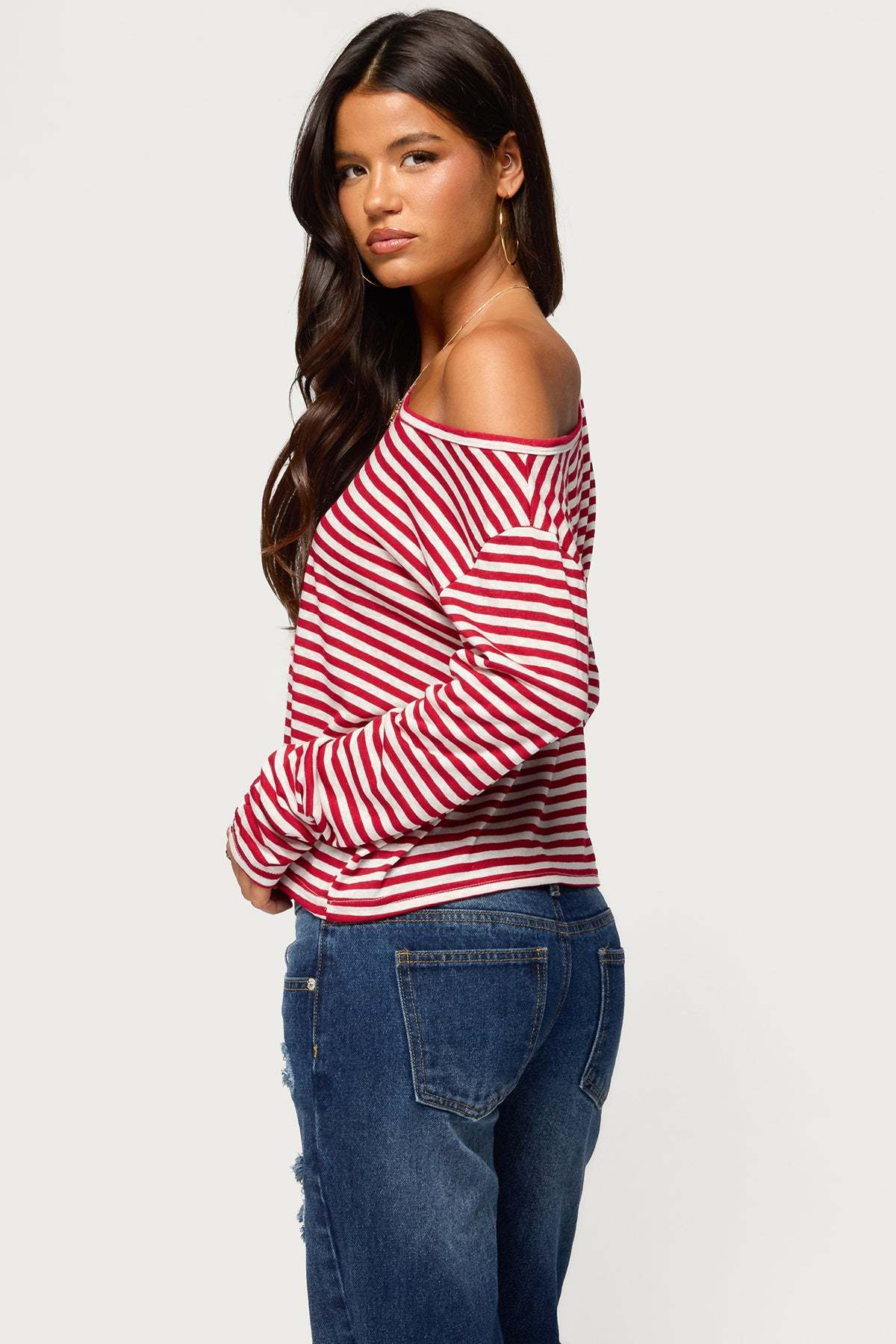 Kathee Striped Off Shoulder Top - RED-AND-WHITE