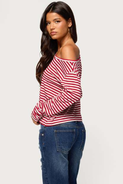 Kathee Striped Off Shoulder Top - RED-AND-WHITE