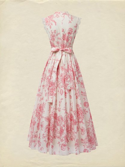 (SIZE:XS-XXL) Maxi Linen Dress , Cap Sleeves, Stand Collar, Floral, Lace, Vintage, Blue - Blue