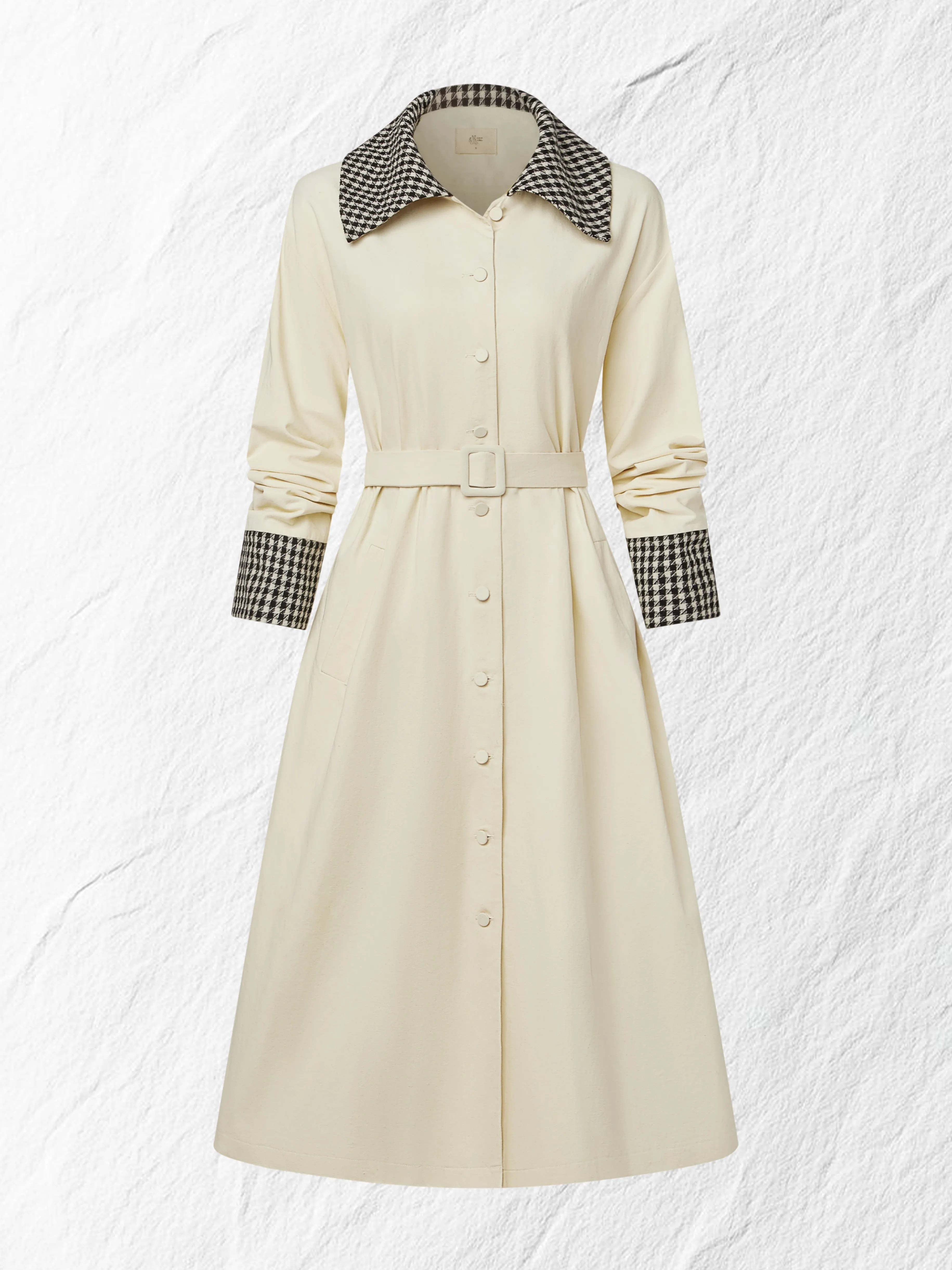 Cotton Trench Coat, Long Sleeves, Shawl Collar, Plain, Button Design, Vintage, Apricot - Apricot