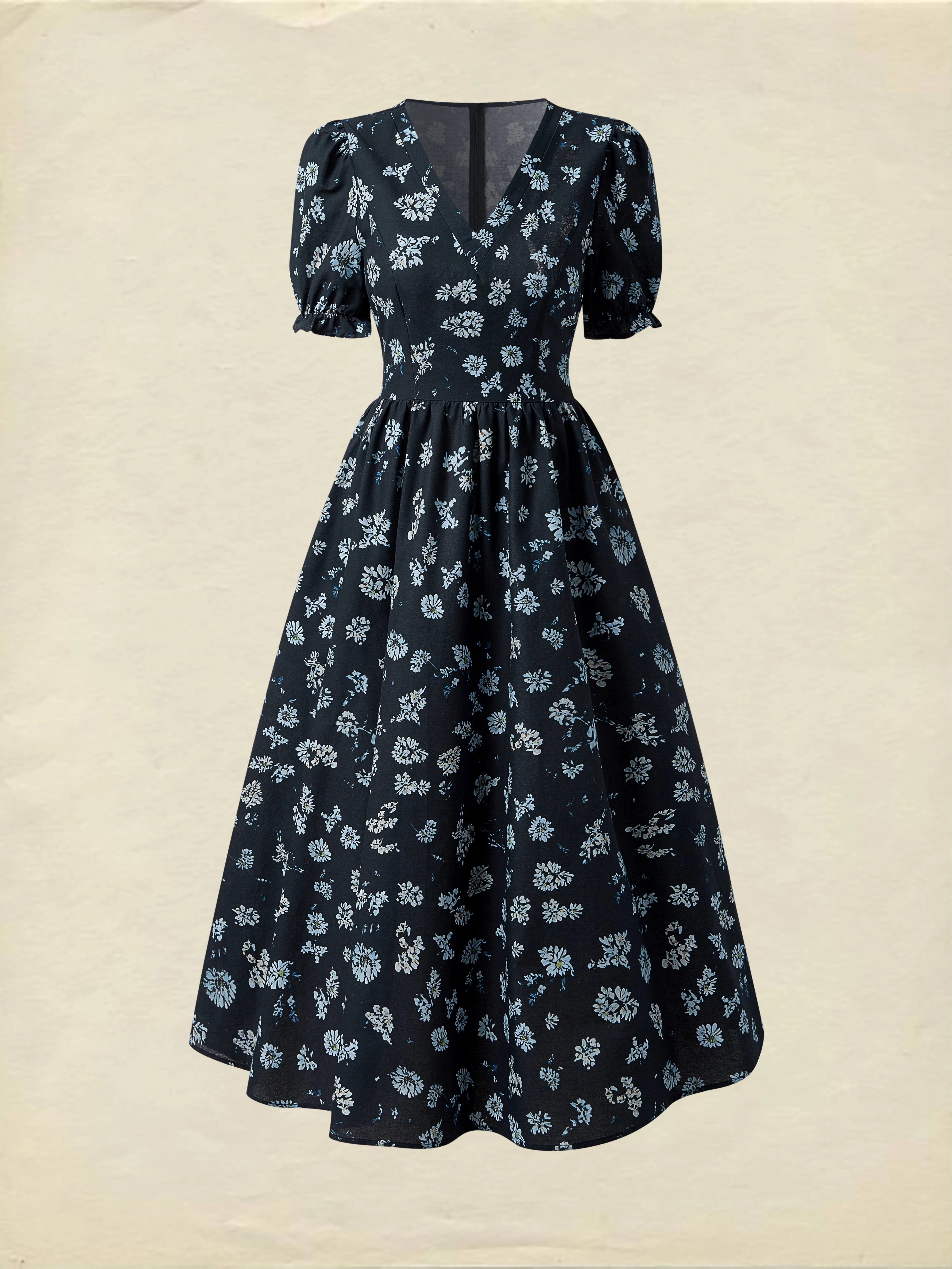 Linen Maxi Dress, V neck,  Floral, Daily, Short Sleeve, Blue - Dark Blue