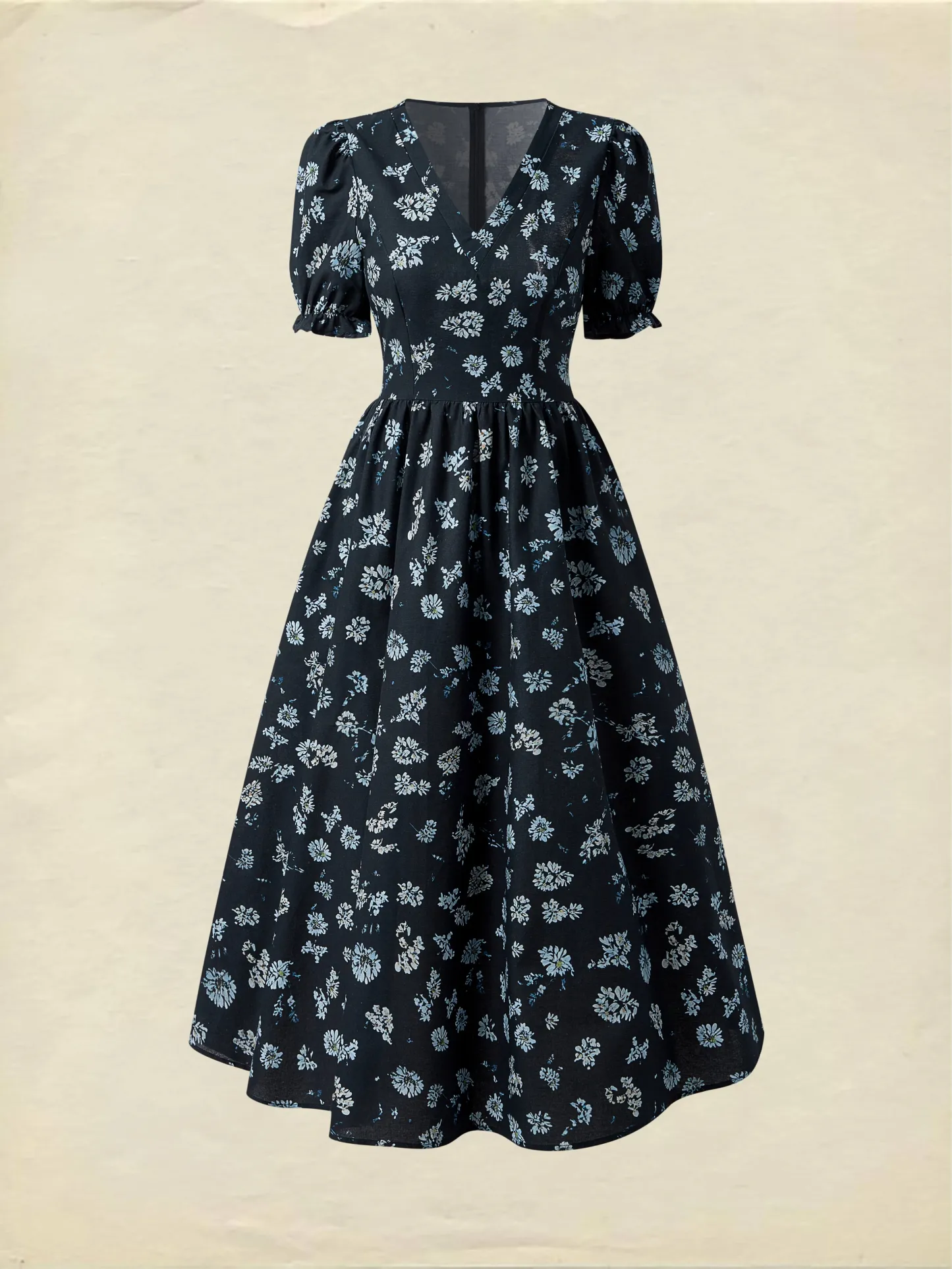 Linen Maxi Dress, V neck,  Floral, Daily, Short Sleeve, Blue - Dark Blue