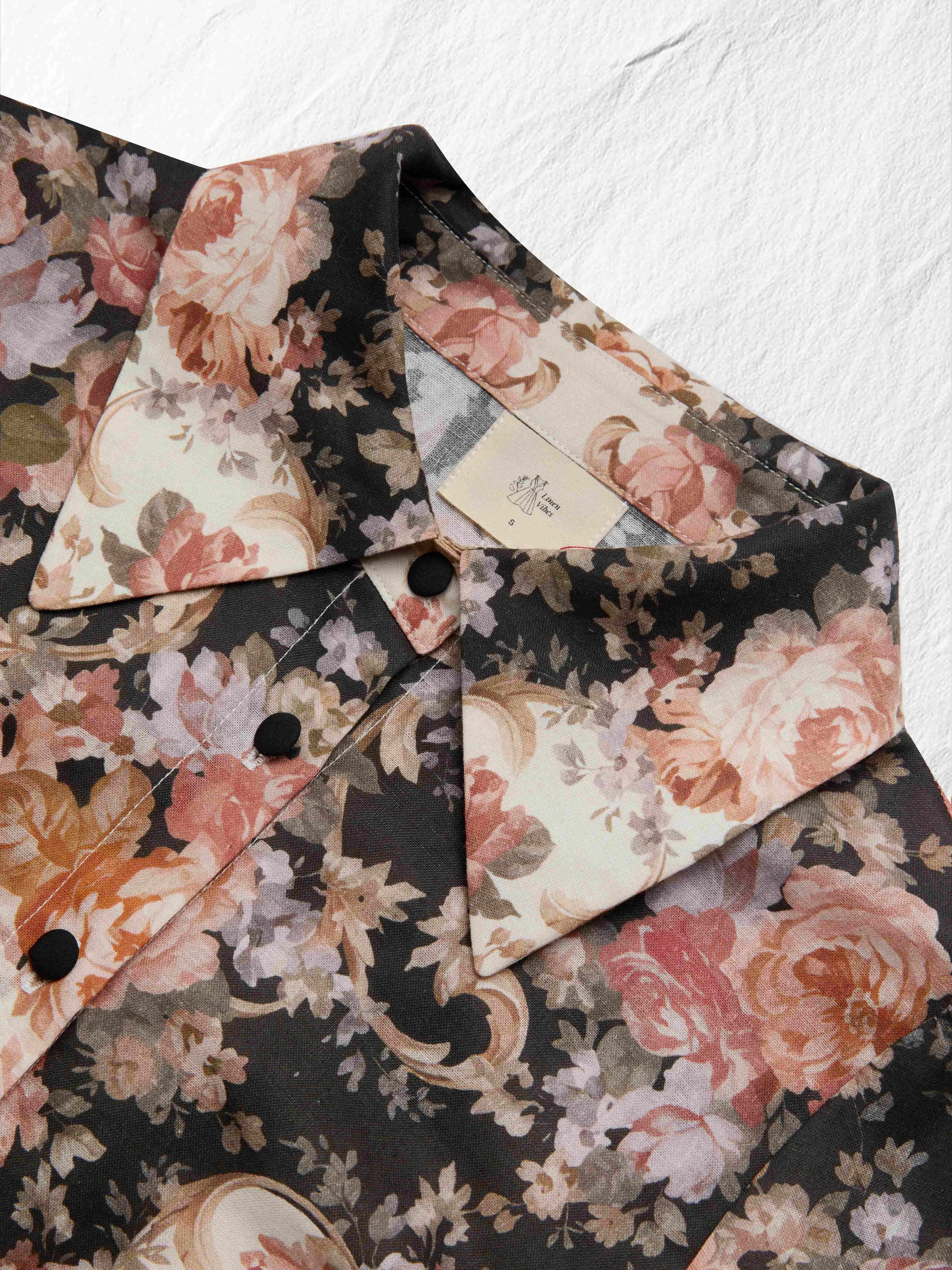 Cotton Shirt, Long Sleeves, Shawl Collar, Floral, Button Design, Vacation, Vintage, Apricot - Apricot