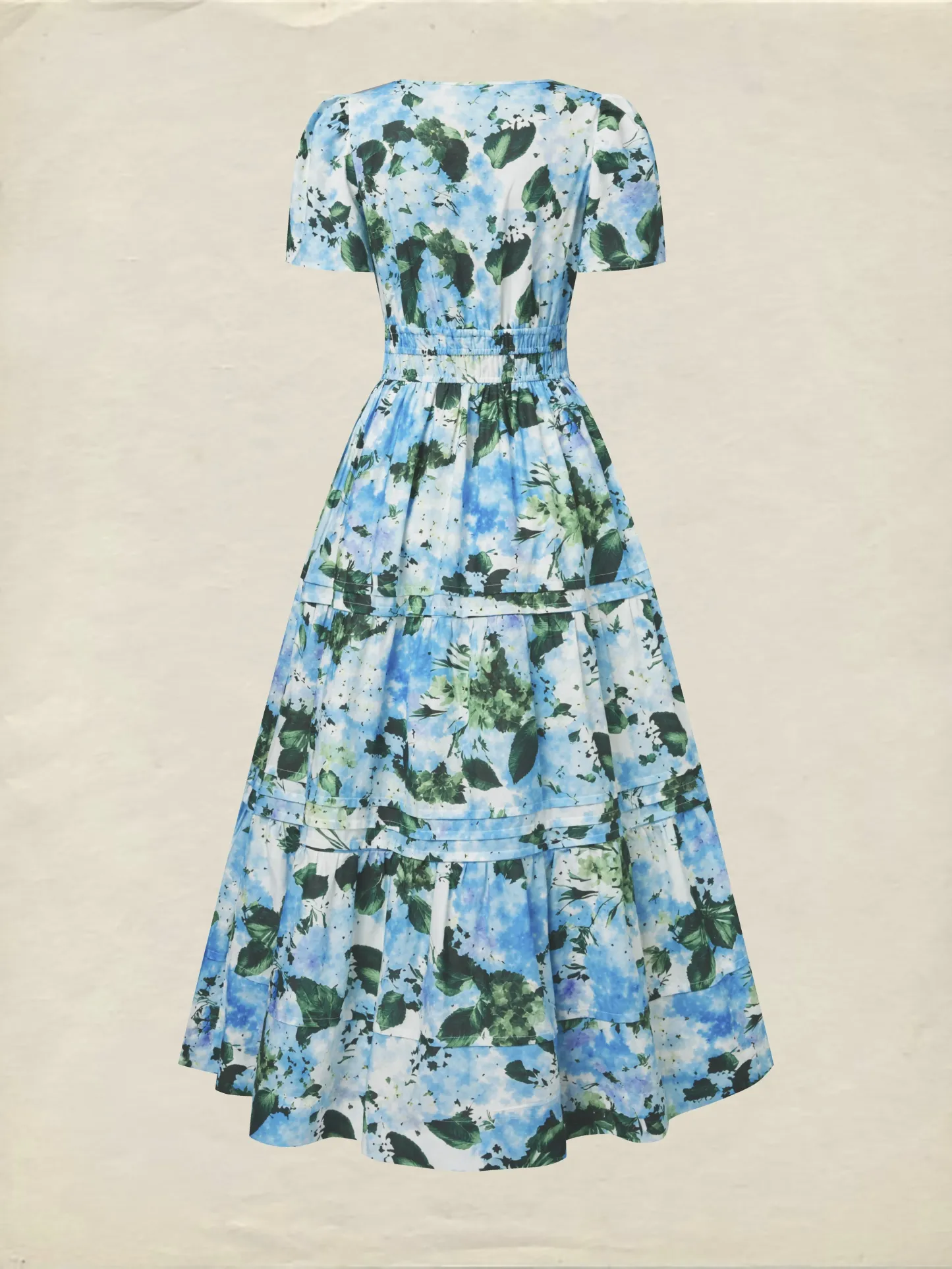 Maxi Cotton Dress, Short Sleeves, V Neck, Floral, Vintage, Blue - Blue