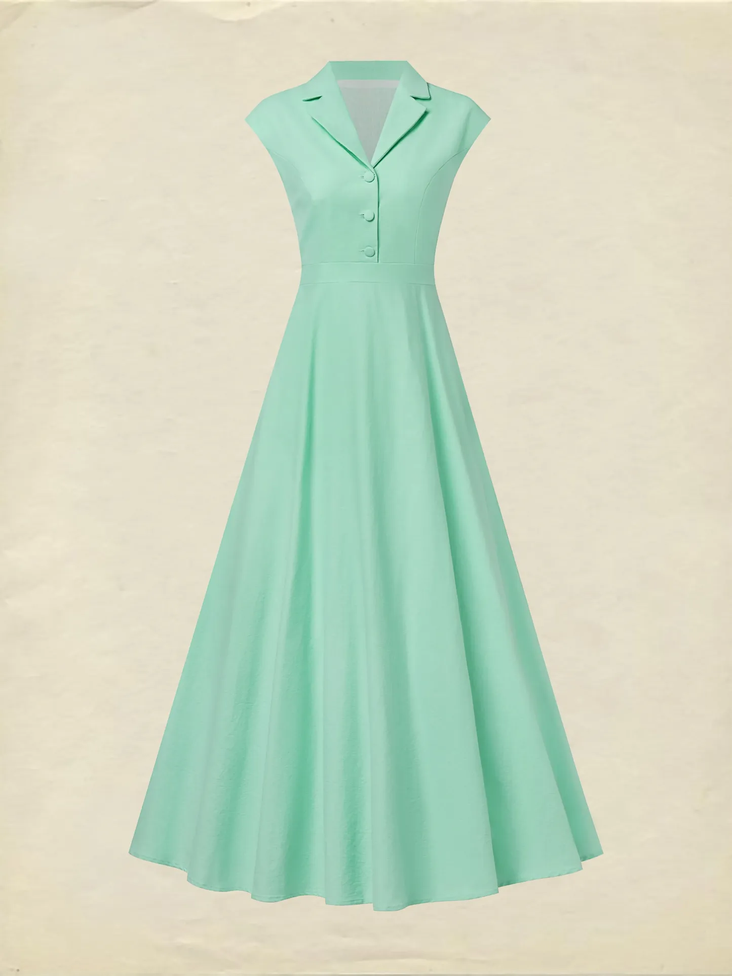 Maxi Cotton Dress , Cap Sleeves, Shawl Collar, Plain, Button Design, Vintage,  Light Green - Lightgreen
