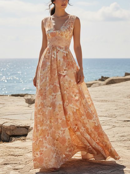 Maxi Linen Dress, Sleeveless, V Neck, Floral, Lace, Vacation, Vintage, Light Orange - Light Orange