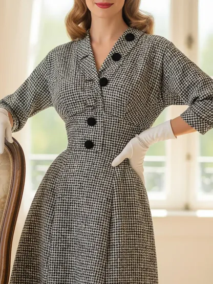 Midi Wool Dress, Half Sleeve, V Neck, Plaid, Belt Design, Vintage, Black - Black