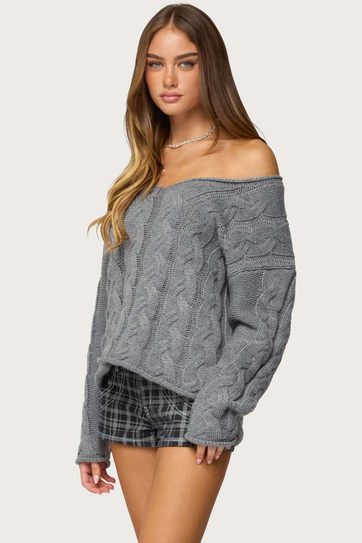 Inga Oversized Cable Knit Sweater - GRAY-MELANGE