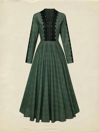 Maxi Linen Dress, Long Sleeves, V Neck, Plaid, Lace, Vintage, Deep Green - Deep Green