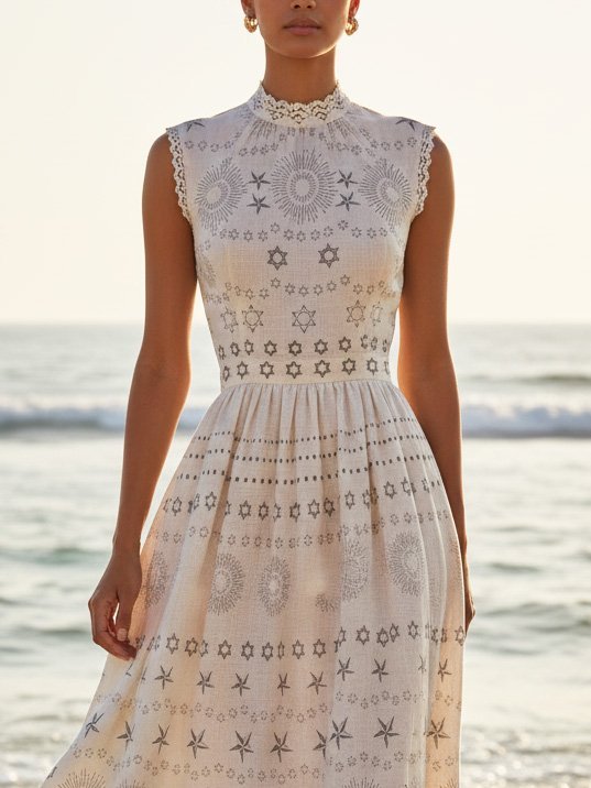 Maxi Linen Dress, Sleeveless, Geometric, Vintage, White - White