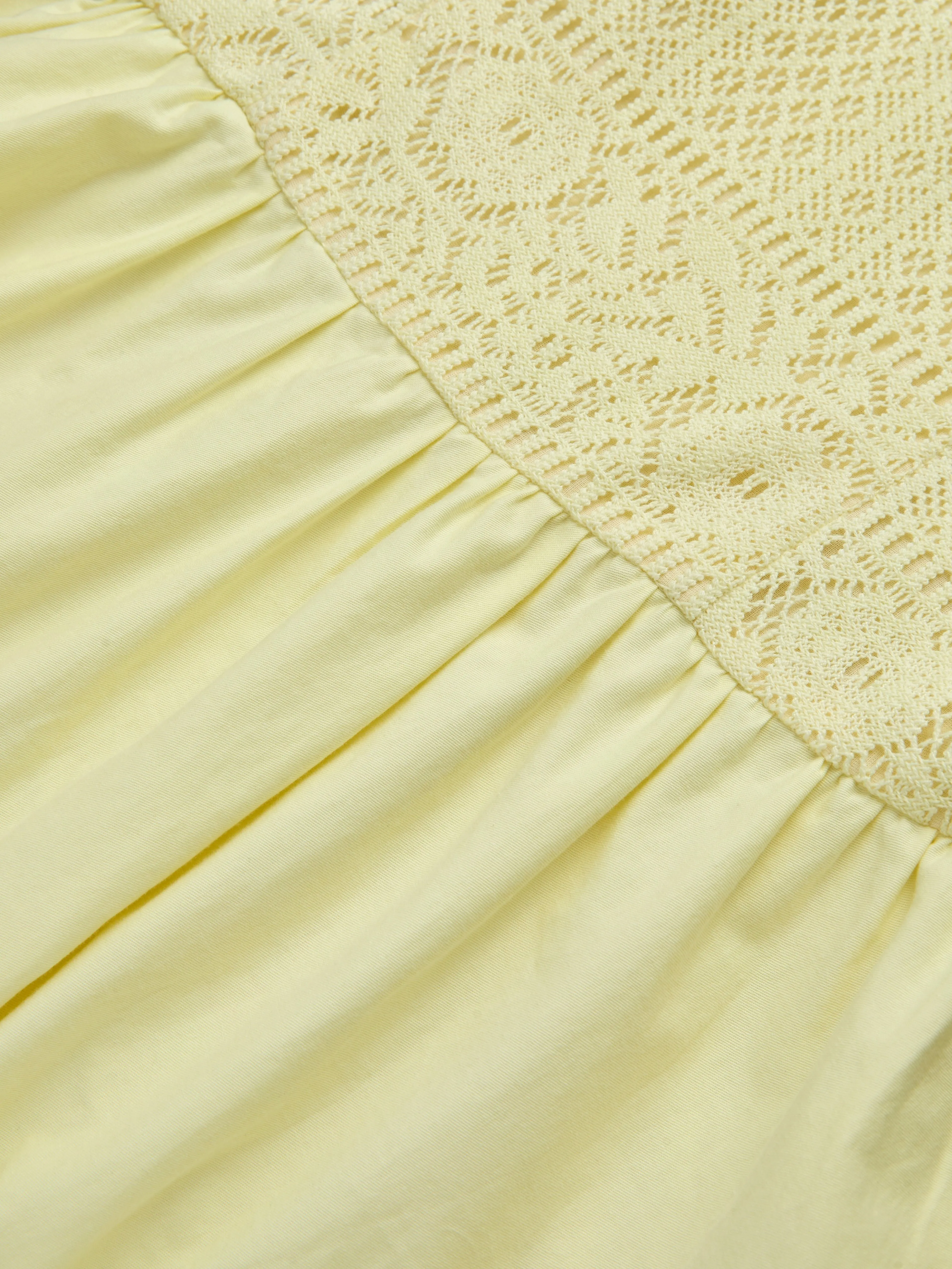 Midi Cotton Dress, Sleeveless, Round Neck, Plain, Lace, French Vintage, Light Yellow - Light Yellow