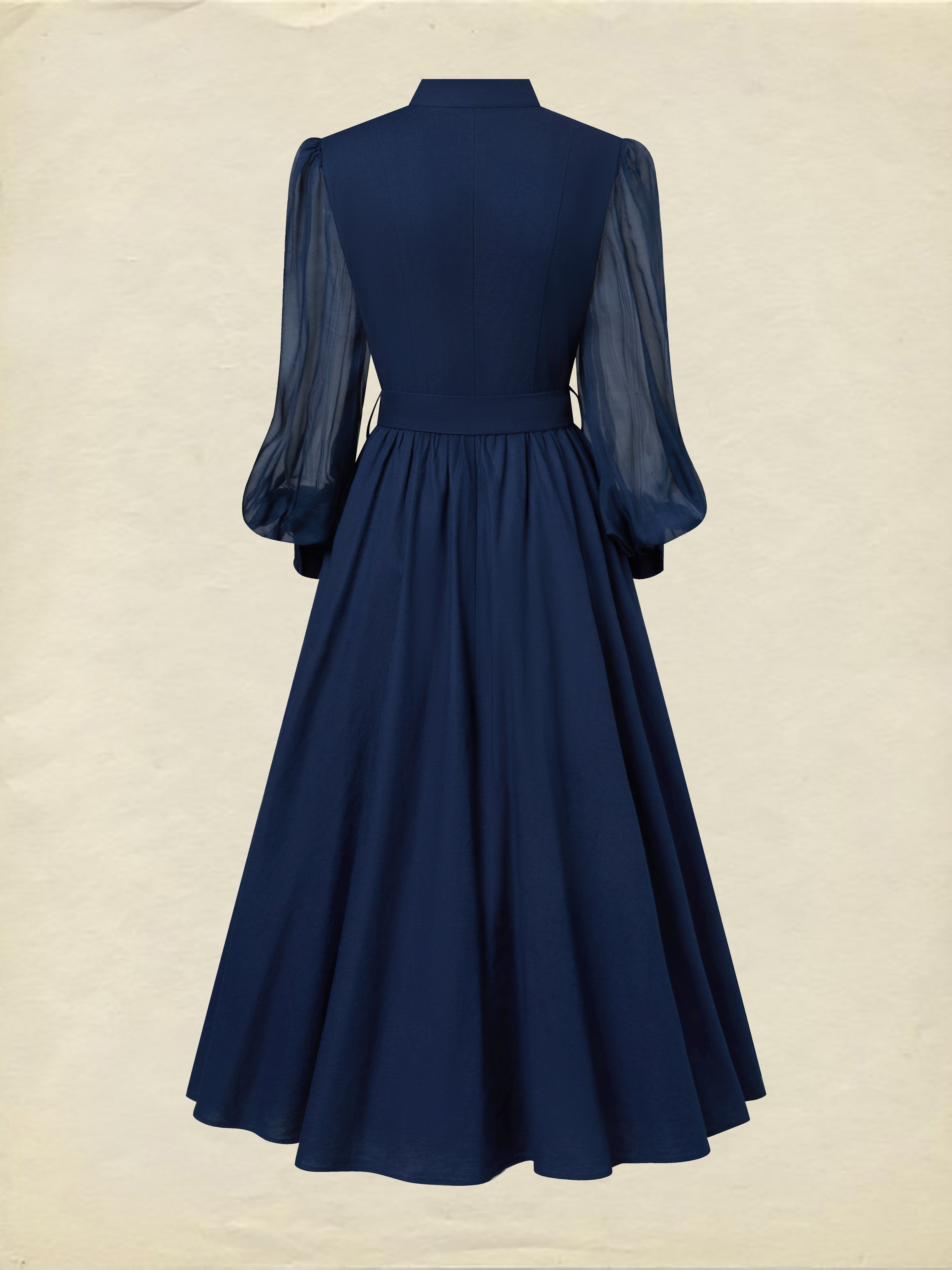 Maxi Cotton Dress, Long Sleeves, Stand Collar, Plain, Belt Design, French Vintage, Blue Purple - Blue Purple