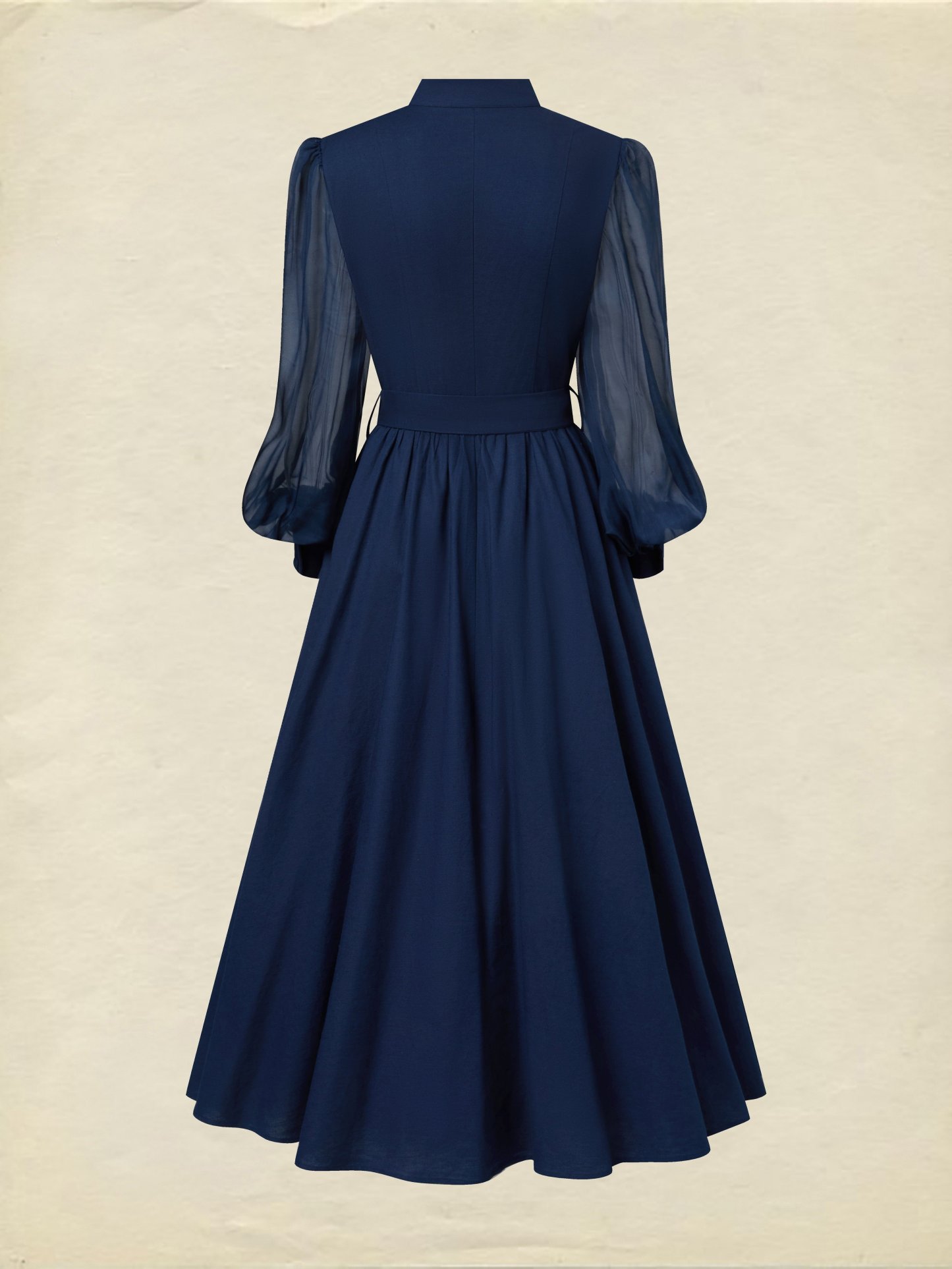 Maxi Cotton Dress, Long Sleeves, Stand Collar, Plain, Belt Design, French Vintage, Blue Purple - Blue Purple