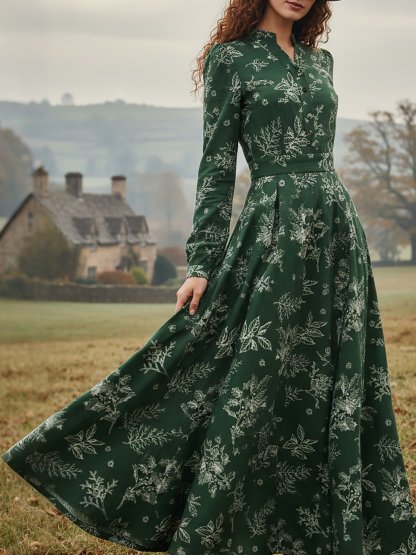 Maxi Linen Dress, Long Sleeves, V Neck, Floral, Button Design, Vintage, Dark Green - Dark Green