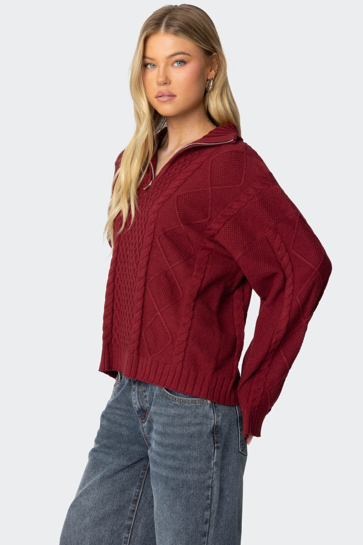 Oversized Quarter Zip Cable Knit Sweater - BURGUNDY