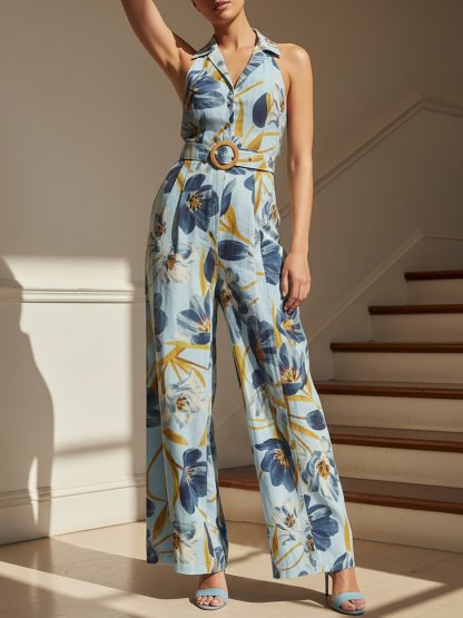 Linen Pants, Floral, Belt Design, Vacation, Vintage, Blue - Blue