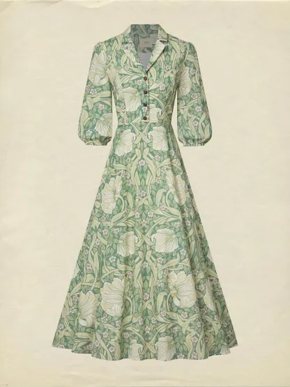 Maxi Linen Dress, Half Sleeve, Lapel Collar, Paisley, Button Design, Vacation, Vintage, Green - Green