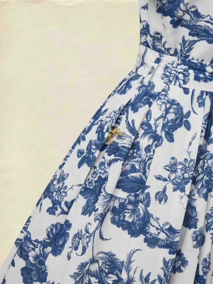 Midi Linen Dress , Short Sleeves, Shawl Collar, Floral, Vacation, Vintage, Blue - Blue
