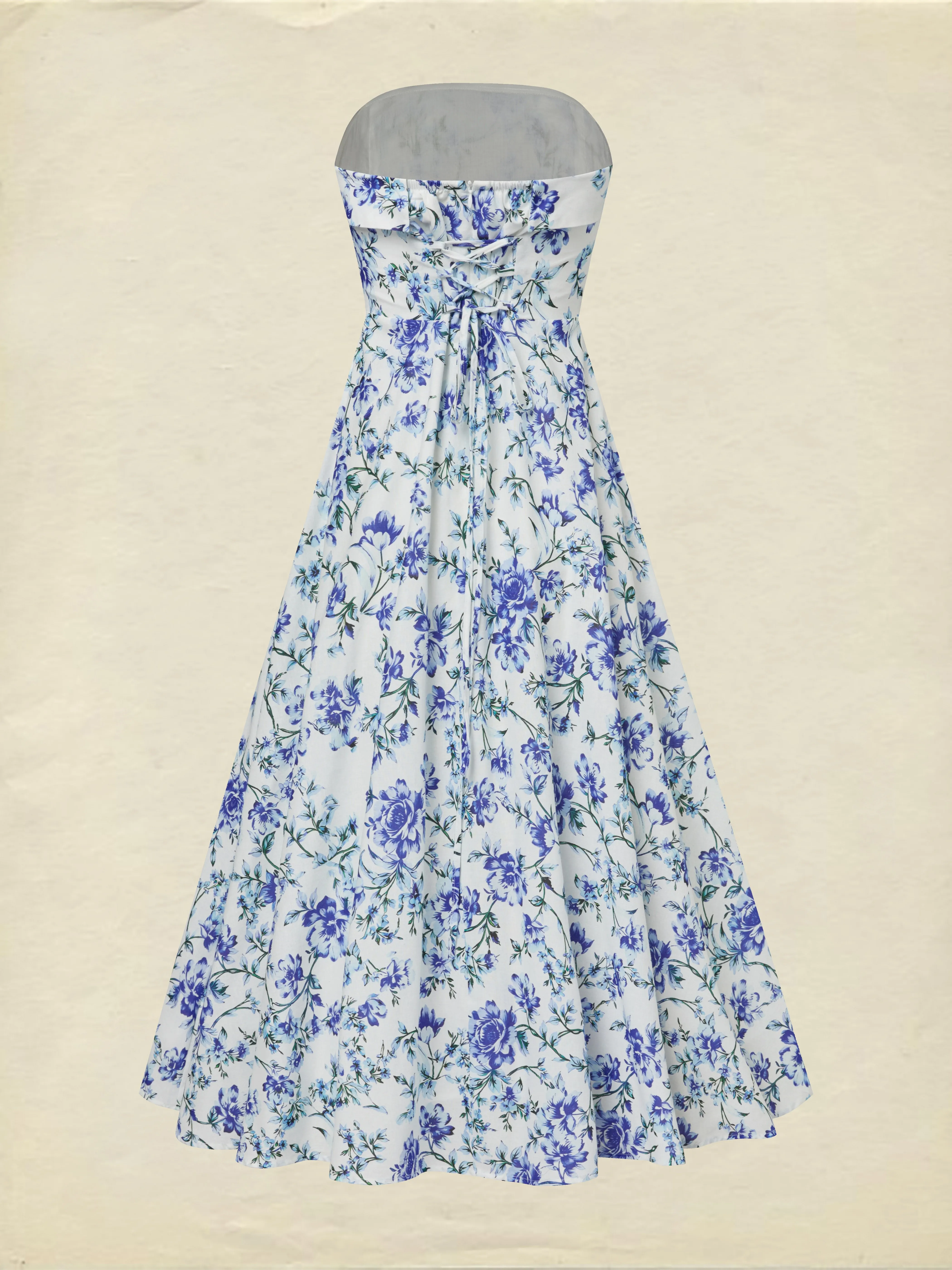 Maxi Cotton Dress, Sleeveless, Strapless, Floral, Vacation, Vintage, Blue - Blue