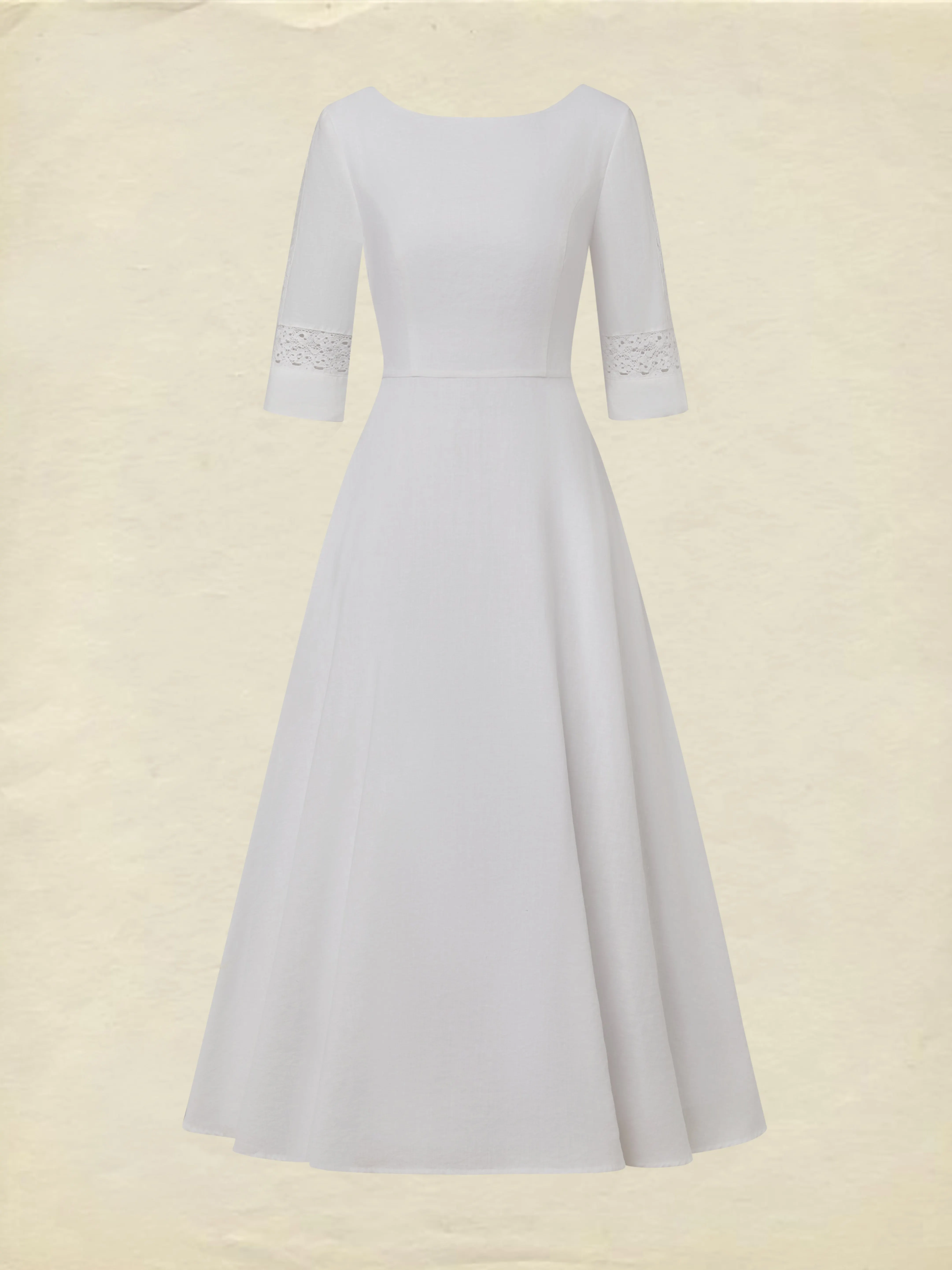 Midi Cotton Dress, Half Sleeve, Round Neck, Plain, Lace, Vacation, Vintage, White - White