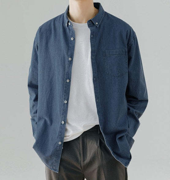 Men's Denim Long-sleeved Shirt Trendy Casual Solid Color Work Clothes