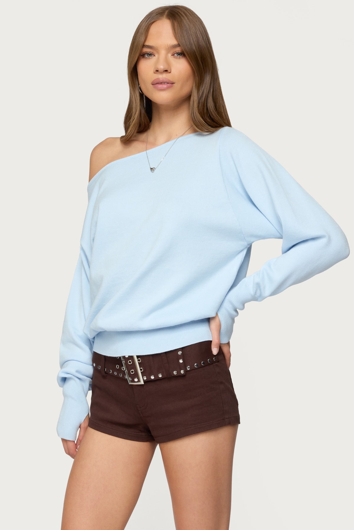 Off Shoulder Oversized Sweater - LIGHT BLUE