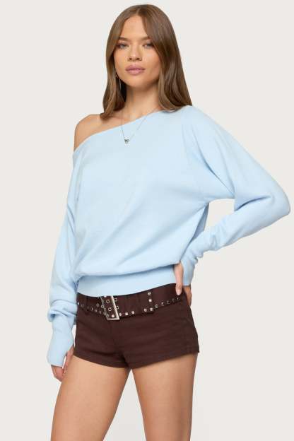 Off Shoulder Oversized Sweater - LIGHT BLUE