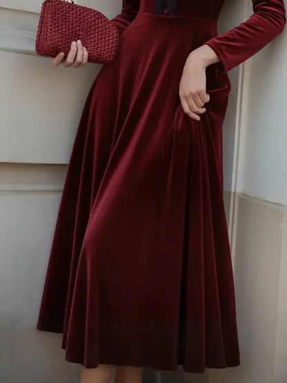 Midi Cotton Dress, Long Sleeves, Stand Collar, Plain, Lace, French Vintage, Wine Red - Wine Red