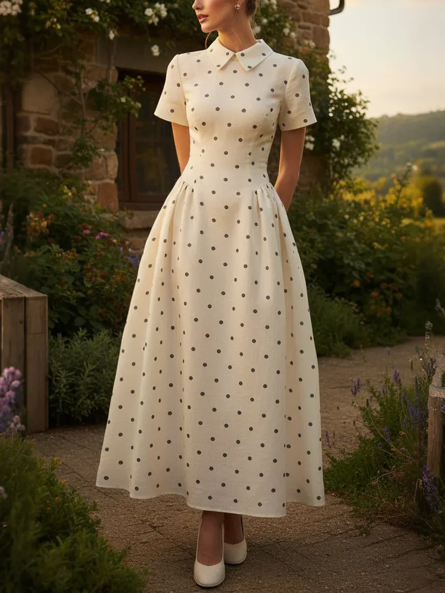 Maxi Linen Dress, Short Sleeves, Shawl Collar, Polka Dots, French Vintage, Off White - Off White