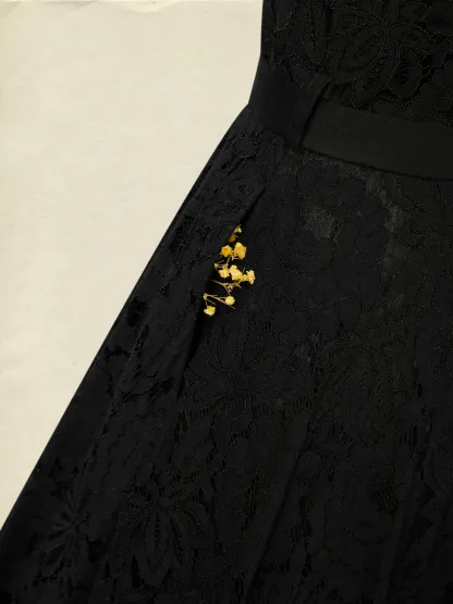 Midi Linen Dress, Sleeveless, V Neck, Lace, Button Design, French Vintage, Black - Black