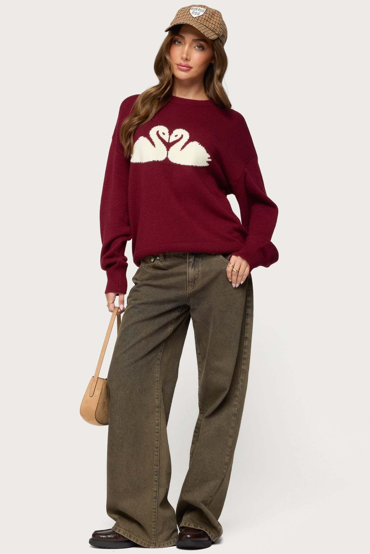 Swan Oversized Knit Sweater - BURGUNDY