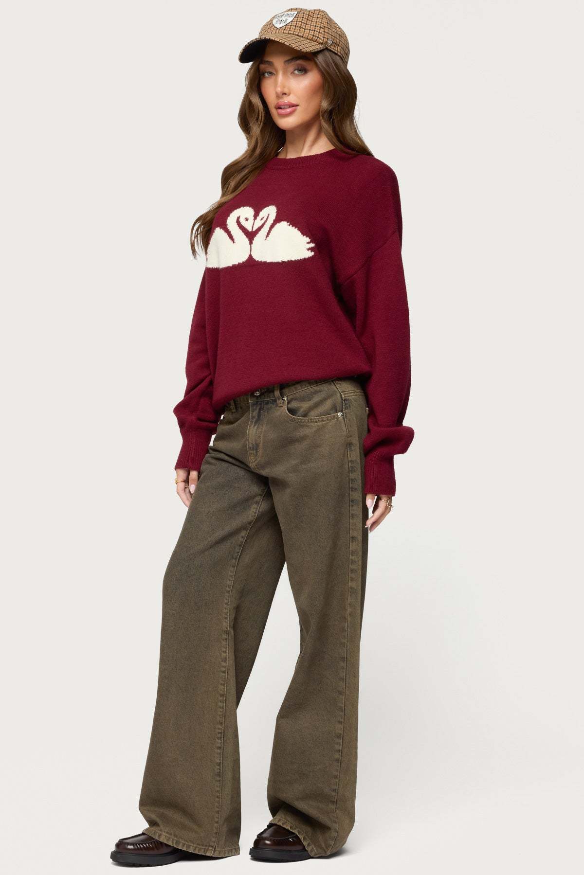 Swan Oversized Knit Sweater - BURGUNDY