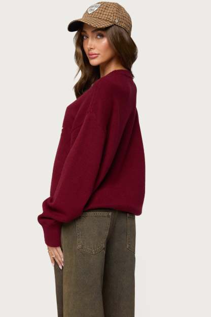 Swan Oversized Knit Sweater - BURGUNDY