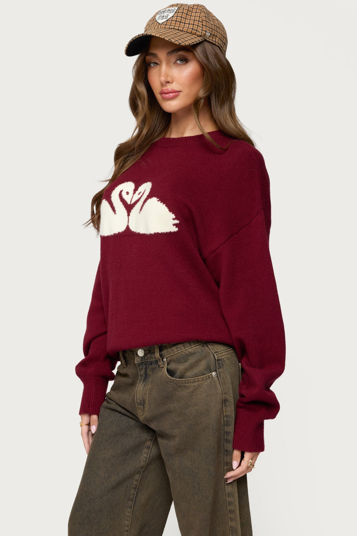 Swan Oversized Knit Sweater - BURGUNDY