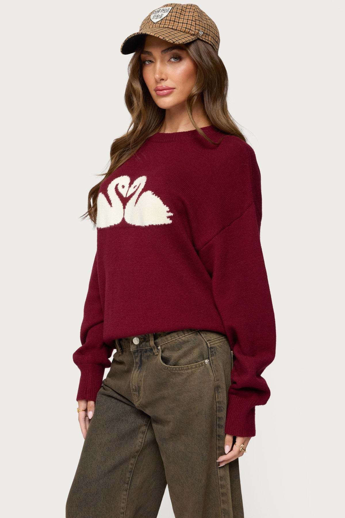 Swan Oversized Knit Sweater - BURGUNDY