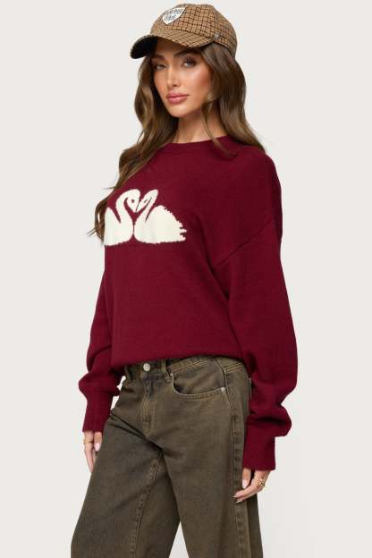 Swan Oversized Knit Sweater - BURGUNDY