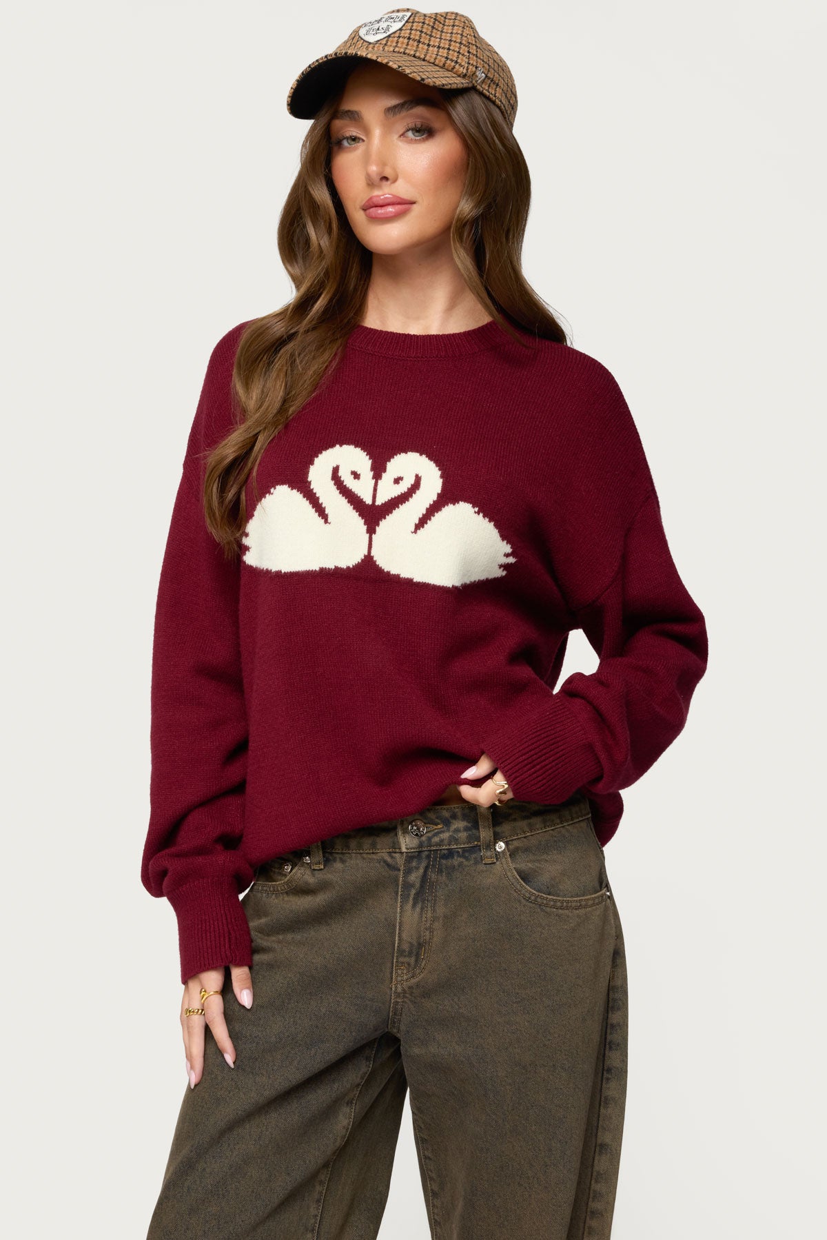 Swan Oversized Knit Sweater - BURGUNDY