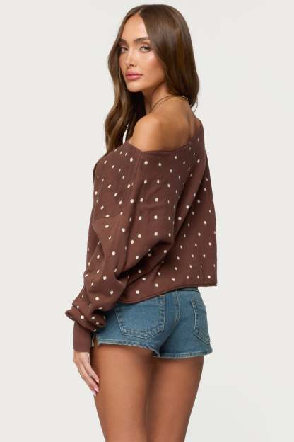 Oversized Off Shoulder Polka Dot Sweater - BROWN