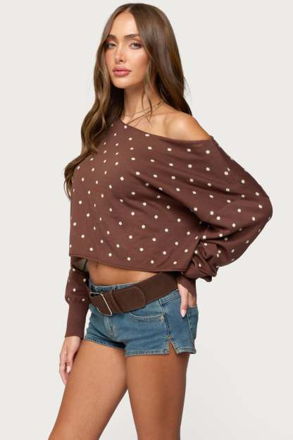 Oversized Off Shoulder Polka Dot Sweater - BROWN