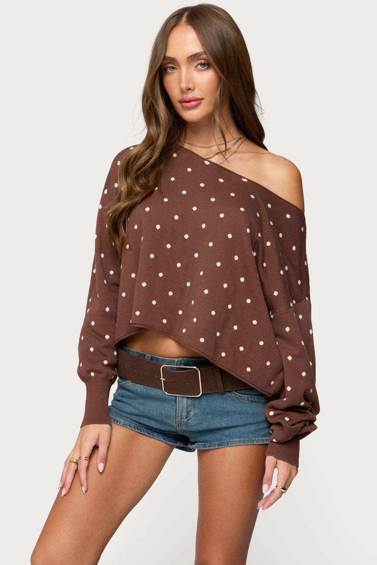 Oversized Off Shoulder Polka Dot Sweater - BROWN