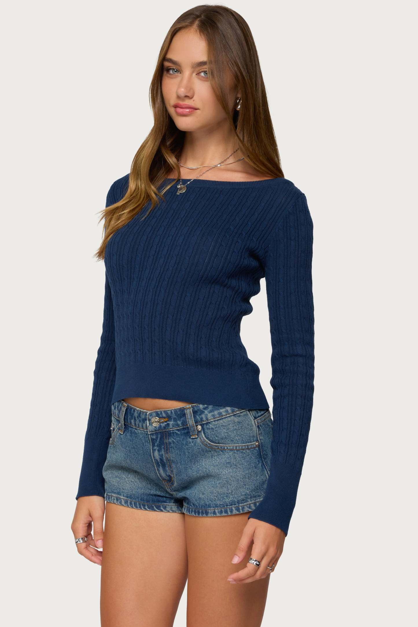 Larah Boat Neck Cable Knit Sweater - NAVY
