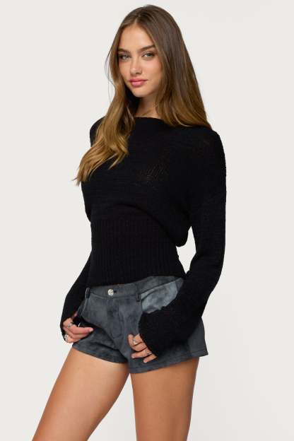 Tezi Boat Neck Light Knit Top - BLACK